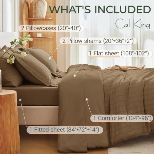 MUXHOMO 7 Pieces California King Comforter Set, Seersucker Bed in a Bag Cal King Size, All Season Luxury Bedding Set with Comforter, Flat Sheet, Fitted Sheet, Pillowcases & Shams, Brown