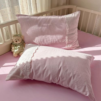 mixinni Pink Gingham Duvet Cover Queen Size - 3 Piece Cottagecore Plaid Bedding Set with Lace Trim, Soft Washed Microfiber Vintage Aesthetic Grid Comforter Cover & Pillow Shams, (Pink White Gingham)