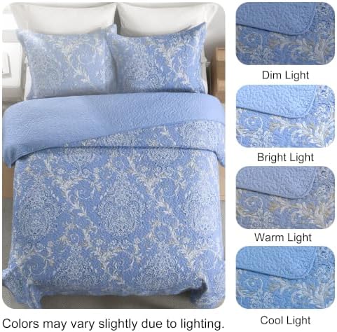 100% Cotton Quilt Set Queen Size, Classic Damask, Blue 90"x98"