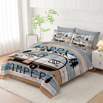 HOSIMA 7Pcs Vintage Comforter Set Queen Size with Sheets for Camper Decor.
