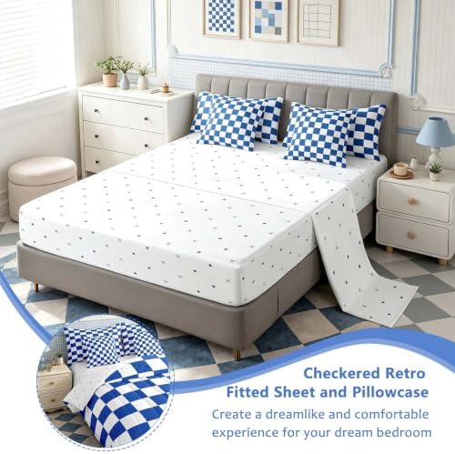 Feelyou Checkered Retro 7 Piece Bedding Set Teen Women Men Blue White Plaid Comforter Set with Sheets Full Size Kids Boys Geometric Vintage Bed in a Bag Modern Simple Groovy Aesthetic Room Decor