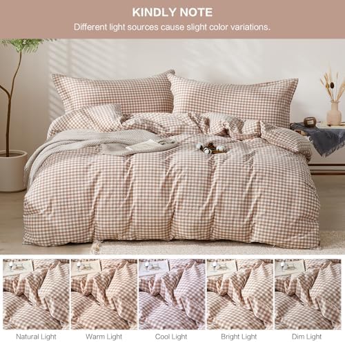 SAPHREAS Gingham Duvet Cover Set King Size, 100% Washed Cotton Linen Like Plaid Comforter Cover with Zipper Closure & Corner Ties (No Comforter), 104x90 Taupe