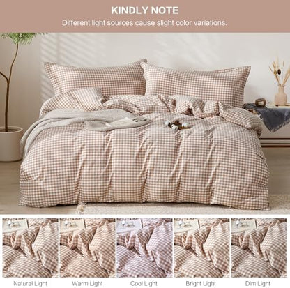 SAPHREAS Gingham Duvet Cover Set King Size, 100% Washed Cotton Linen Like Plaid Comforter Cover with Zipper Closure & Corner Ties (No Comforter), 104x90 Taupe