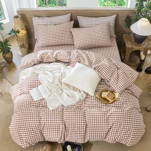 MooMee Gingham Duvet Cover Set 100% Washed Cotton Linen Like