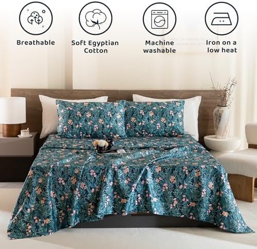 QSH Floral Egyptian Cotton Sheets King Size - Floral Bedding Sheets Botanical Pattern Printed Bedding King Size Bed Sheets 17.5" Extra Deep Pocket 4pcs