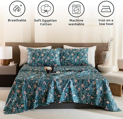 QSH Floral Egyptian Cotton Sheets King Size - Floral Bedding Sheets Botanical Pattern Printed Bedding King Size Bed Sheets 17.5" Extra Deep Pocket 4pcs
