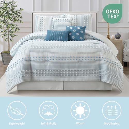 LANCO MODERN LIFESTYLE California King Comforter Set, Azure, Jacquard Clip Striped Design, Elegant Soft 7 Pieces Bedding Set for All Seasons, Matching Bedskirt, Pillow Shams and Decor Pillows