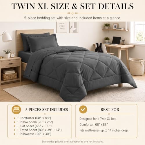 CozyLux Twin XL Comforter Set 68"x88" Dark Grey - 5 Piece Bed in a Bag