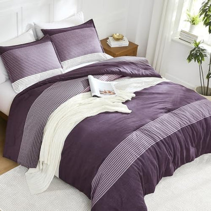 Litanika Purple Super King Comforter Set - 3 Pieces Stripe Bed Set