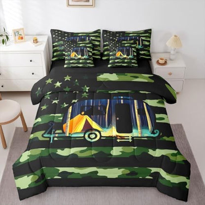 Erosebridal American Flag Camo 7 Piece Comforter Set Twin Bed in A Bag Happy Camping Bedding Set for Boys Girls Kids Army Green Camoflage Sheet Set with Comforter Camper Car Campsite Duvet Insert