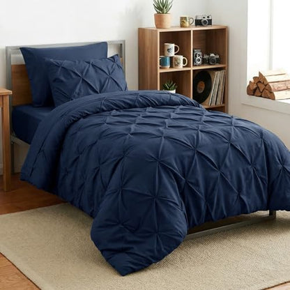 HIMEET Twin Comforter Set Navy Blue - 5 Pieces Pintuck Bed in a Bag