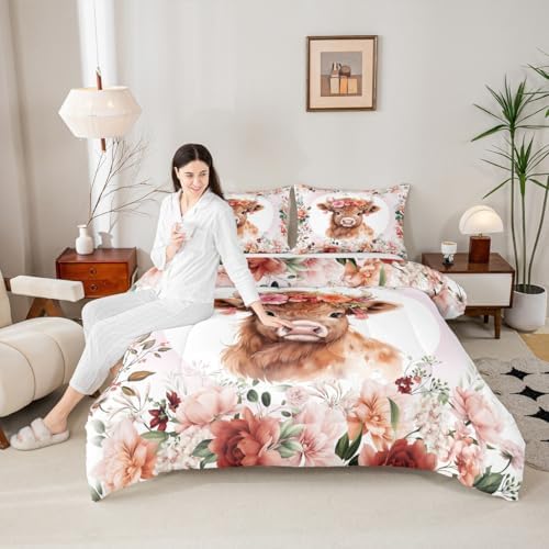 Feelyou Cute Highland Cow Comforter Set Twin Size Boys Girls Teens