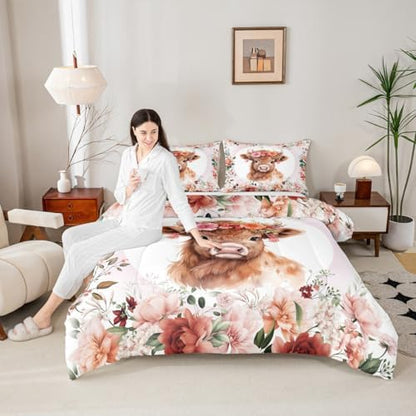 Feelyou Cute Highland Cow Comforter Set Twin Size Boys Girls Teens