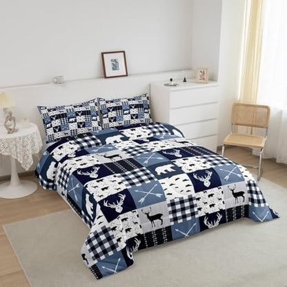 Homewish Bear Deer Silhouette Comforter Set,Gray Blue Grid Bedding Set for Kids Girls Boys,Teens Adults Hunting Comforter,Rustic Farmhouse Quilted Duvet Set Bedroom Collection Twin Size 2Pcs
