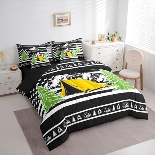 Erosebridal Camper Decor 7 Pcs Bedding Set Happy Camping Boys Bed in A Bag Rustic Farmhouse Comforter Set with Sheets King Size for Kids Teens Adult Room Bonfire Rv Travel Trailer Bed Sets, Black