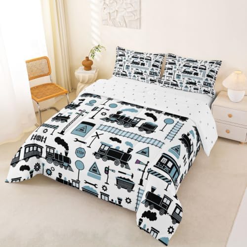 Feelyou Train Comforter Set Full Size Cartoon Car Bedding Set for Kids Boys Girls Cute Vehicle Duvet Quilt Bedroom Decor Microfiber 3 Pcs with 2 Pillow Cases