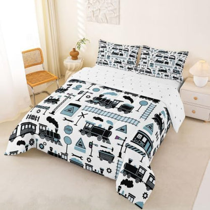 Feelyou Train Comforter Set Full Size Cartoon Car Bedding Set for Kids Boys Girls Cute Vehicle Duvet Quilt Bedroom Decor Microfiber 3 Pcs with 2 Pillow Cases