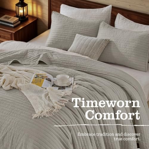 DOWN HOME King Quilt Bedding Set with Shams, Vintage Washed Soft Quilted Blanket Thin Comforter Lightweight Bedspread Coverlet Bed Cover, Brushed Microfiber Stripe Stitching, Light Gray, 104"x90"