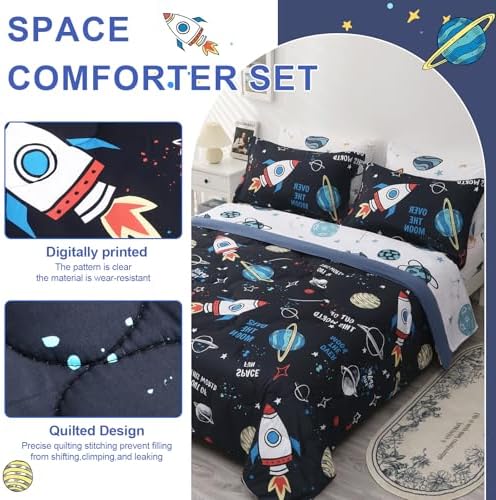 Wajade Kids Space Comforter Set Bed in A Bag Full Size 7 Piece 3D Space Rocket Planets Bedding Set for Teens Boys Girls (1 Comforter, 1 Flat Sheet, 1 Fitted Sheet, 2 Pillowcase and 2 Pillow Sham)