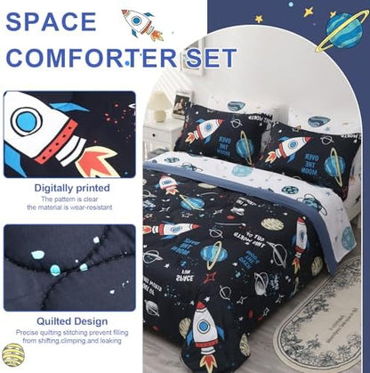 Wajade Kids Space Comforter Set Bed in A Bag Full Size 7 Piece 3D Space Rocket Planets Bedding Set for Teens Boys Girls (1 Comforter, 1 Flat Sheet, 1 Fitted Sheet, 2 Pillowcase and 2 Pillow Sham)