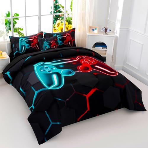6 Pieces Gamer Bed in A Bag Full Size 3D Game Console Kids Bedding Set for Boys Teal and Blue Gaming Comforter Set with Sheets Gamepad Printed Teen Boy Bed Sets (Teal Red, Full)