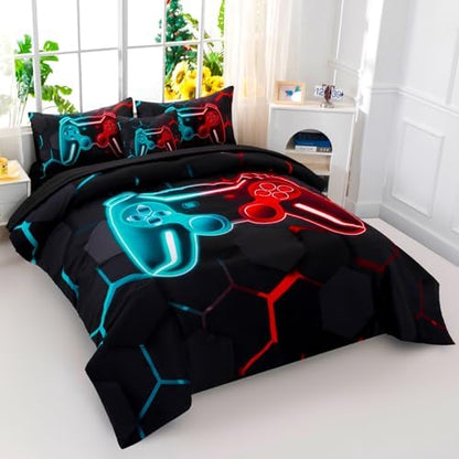 6 Pieces Gamer Bed in A Bag Full Size 3D Game Console Kids Bedding Set for Boys Teal and Blue Gaming Comforter Set with Sheets Gamepad Printed Teen Boy Bed Sets (Teal Red, Full)