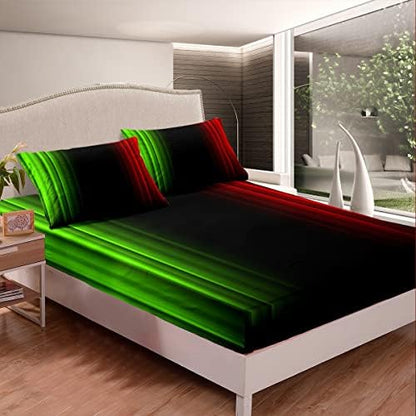 Feelyou Geometric Abstract Ombre Girly Bed Sheets Kids Teens Green Red and Black Striped Sheet Set Decor Modern Fashion Bed Set with 2 Pillowcases 4Pcs Bedding Queen