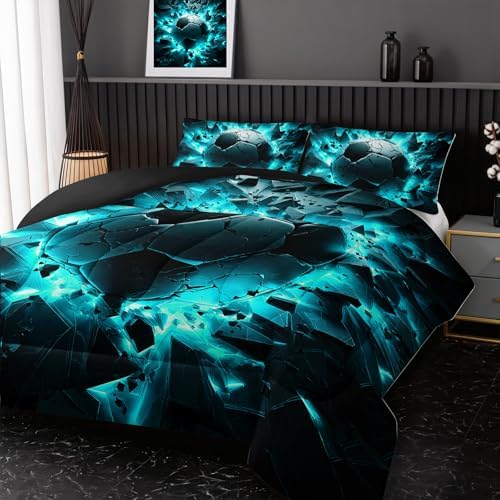Nttopship Soccer Bedding Comforter Set King Size for Kids Teens and Adults, Turquoise Black Football Printed Bedding Sets 3 PCS,Ball Sports Themed Bedroom Decor with 1 Comforter and 2 Pillowcases