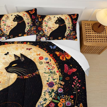 Black Cat Bedding Cartoon Cat Comforter Set Queen，Floral Bedding Queen Size Bed ，with 1 Comforter with 2 Pillow Case