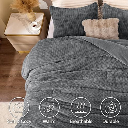 ChiXpace Fleece Twin Size Comforter Set Grey, Fluffy Bed Set 2 Pieces