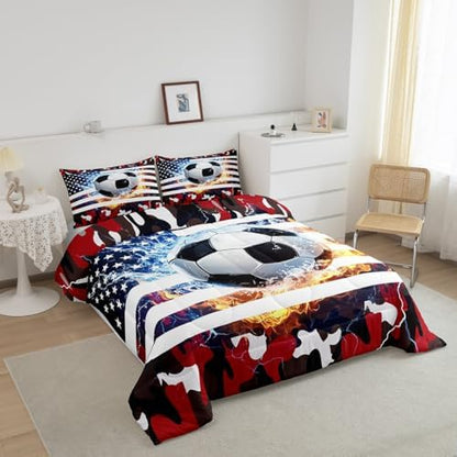 Erosebridal Football Comforter Set, Teens American Flag Down Comforter Full, Camouflage Soccer Bedding Set for Kids Boys Young Men Bedroom Decor, Sports Games USA Federations Stars Quilted Duvet