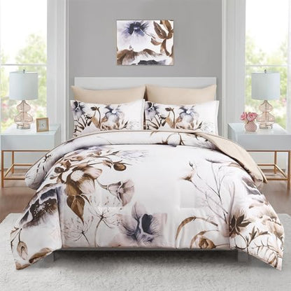 Luxudecor Floral Comforter Set Full Size 7 Piece, Beige Flower Bed in a Bag, Elegant Floral Comforter with Sheet Set, Soft Microfiber Bedding Set for All Season (Beige, 80"x90")