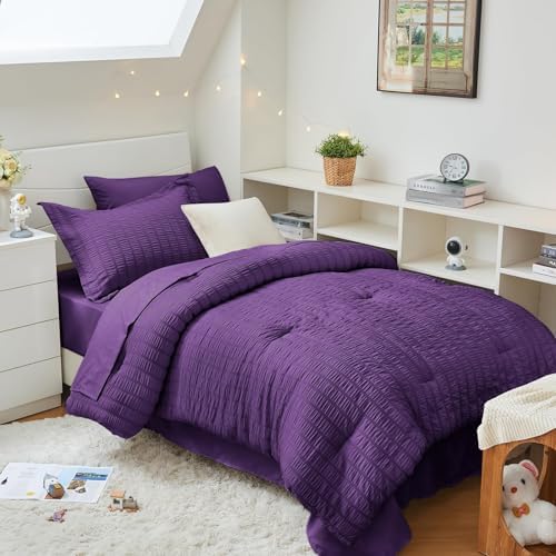 HYMOKEGE Dark Purple Twin XL Comforter Set Seersucker 5 Pieces, All Season Luxury Bed in a Bag for Bedroom, Bedding Set with Comforter, Sheets, Pillowcase & Sham