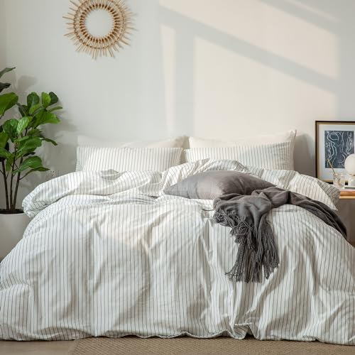 MooMee Striped Duvet Cover Set 100% Washed Cotton Linen Like Queen