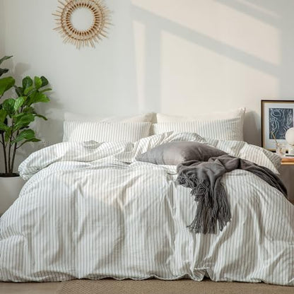 MooMee Striped Duvet Cover Set 100% Washed Cotton Linen Like Queen