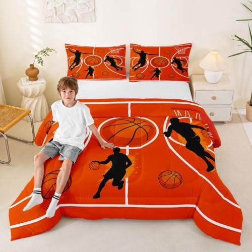 Graffiti Basketball Comforter Set King Size,Orange Court Line Bedding Sets 3Pcs for Teens Adult Woman Men Room Decor,Ball Sports Gaming Quilted Duvet Modern Fashion Down Comforter,2 Pillowcases