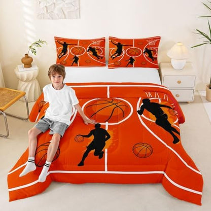 Graffiti Basketball Comforter Set King Size,Orange Court Line Bedding Sets 3Pcs for Teens Adult Woman Men Room Decor,Ball Sports Gaming Quilted Duvet Modern Fashion Down Comforter,2 Pillowcases