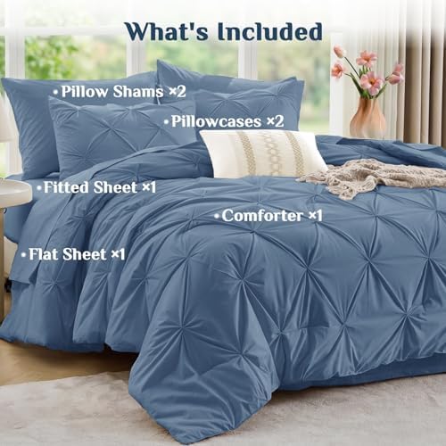 JOLLYVOGUE King Size Comforter Set 7 Pieces - Bed in a Bag King for All Season, Pintuck Bedding Comforter Sets with Comforter, Flat Sheet, Fitted Sheet and Pillowcases & Shams, Slate Blue