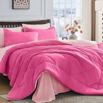 HEVUMYI 7-Piece California King Comforter Set, Hot Pink & Baby Pink Bed in a Bag