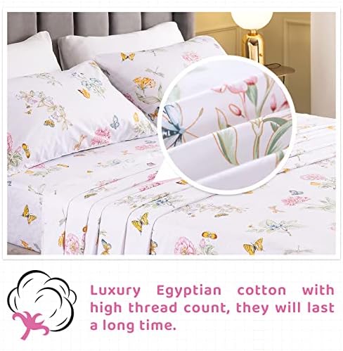 QSH Floral King Size Sheet Sets - Flower Butterfly Print Pattern Egyptian Cotton Printed Bedding Sheets 4pcs Extra Soft and Breathable 17.5" Extra Deep Pocket King Size Sheets