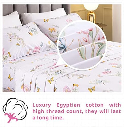 QSH Floral King Size Sheet Sets - Flower Butterfly Print Pattern Egyptian Cotton Printed Bedding Sheets 4pcs Extra Soft and Breathable 17.5" Extra Deep Pocket King Size Sheets