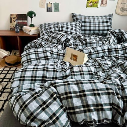 LifeTB Vintage Buffalo Plaid Comforter Set King, Modern Style Grey Black Grid Bed Comforter with 2 Pillowcases, 3 Pieces Soft Fluffy Checkered Pattern Comforter Farmhouse Gingham Plaid Bedding Set