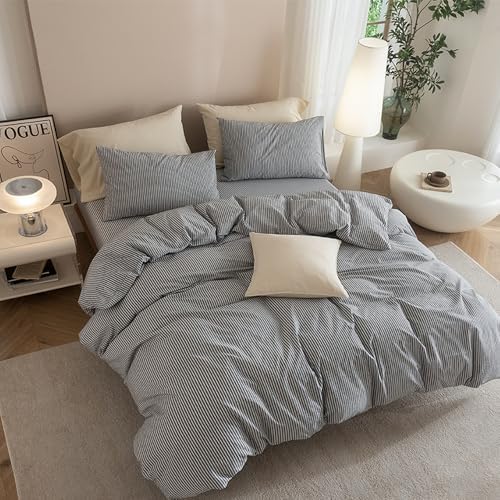 JIYUAN Super King Washed Cotton Duvet Cover Set, Linen-Like Pinstripe