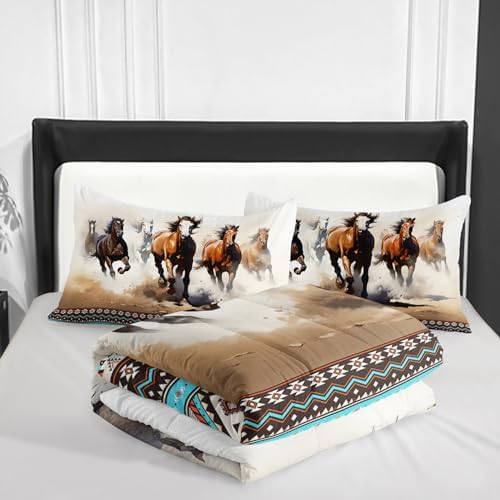 Nttopship Horse Western Comforter Set Twin Size,100% Soft Ultra-Fine Fiber Four Season Farmhouse Wildlife Printed Comforter Set with 1 Comforter and 2 Pillow Case