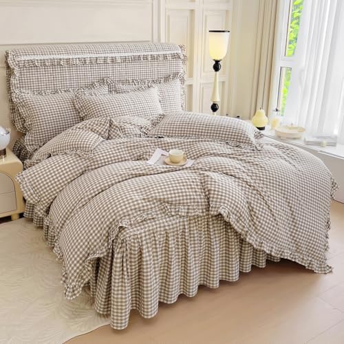 mixinni Tan Gingham Ruffle Duvet Cover King Size 3 Pieces – 100% Washed Cotton, Vintage Plaid Ruffled Bedding Set with Zipper Ties, Soft Cream Checkered Grid Farmhouse Chic Comforter Cover Set