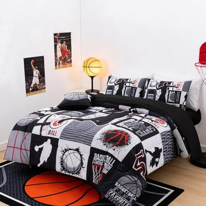 Aimuan Basketball Bedding Set for Boys Kids Teens, Soft Black and Red Sports Geometric Grid Patchwork Theme Basketball Bedding Sets Queen Size, Black