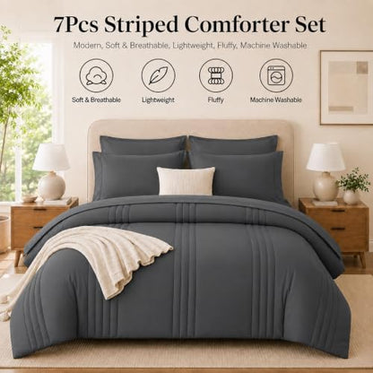 Full Size Comforter Sets Dark Grey, 7 Pieces Bed in a Bag Bedding