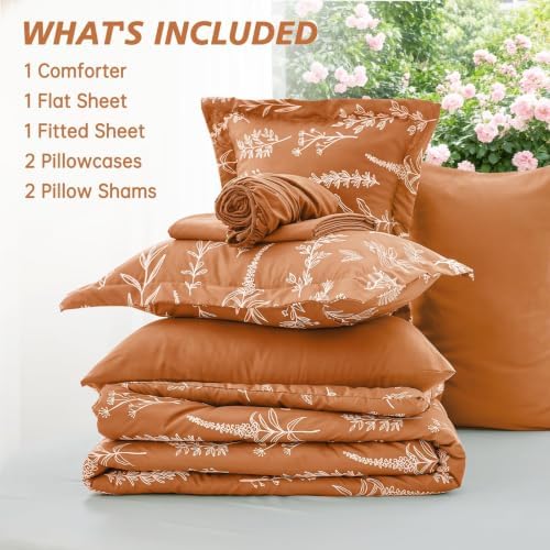 MUXHOMO Oversized King Comforter Set, Burnt Orange Elegant Floral Print Bed in a Bag 7 Pieces, Soft & Breathable Reversible Botanical Pattern Bedding Set with Comforter, Sheets, Pillowcases, and Shams