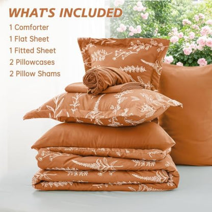 MUXHOMO Oversized King Comforter Set, Burnt Orange Elegant Floral Print Bed in a Bag 7 Pieces, Soft & Breathable Reversible Botanical Pattern Bedding Set with Comforter, Sheets, Pillowcases, and Shams