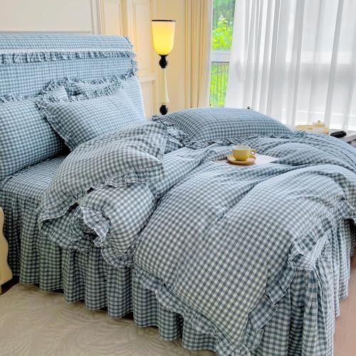 LifeTB Blue Gingham Comforter Set Full Size Ruffle Plaid Grid Bed Comforter Set with 2 Pillowcases Lightweight Gingham Bedding Set Soft Fluffy Farmhouse Plaid Checkered Pattern Comforter Full Size